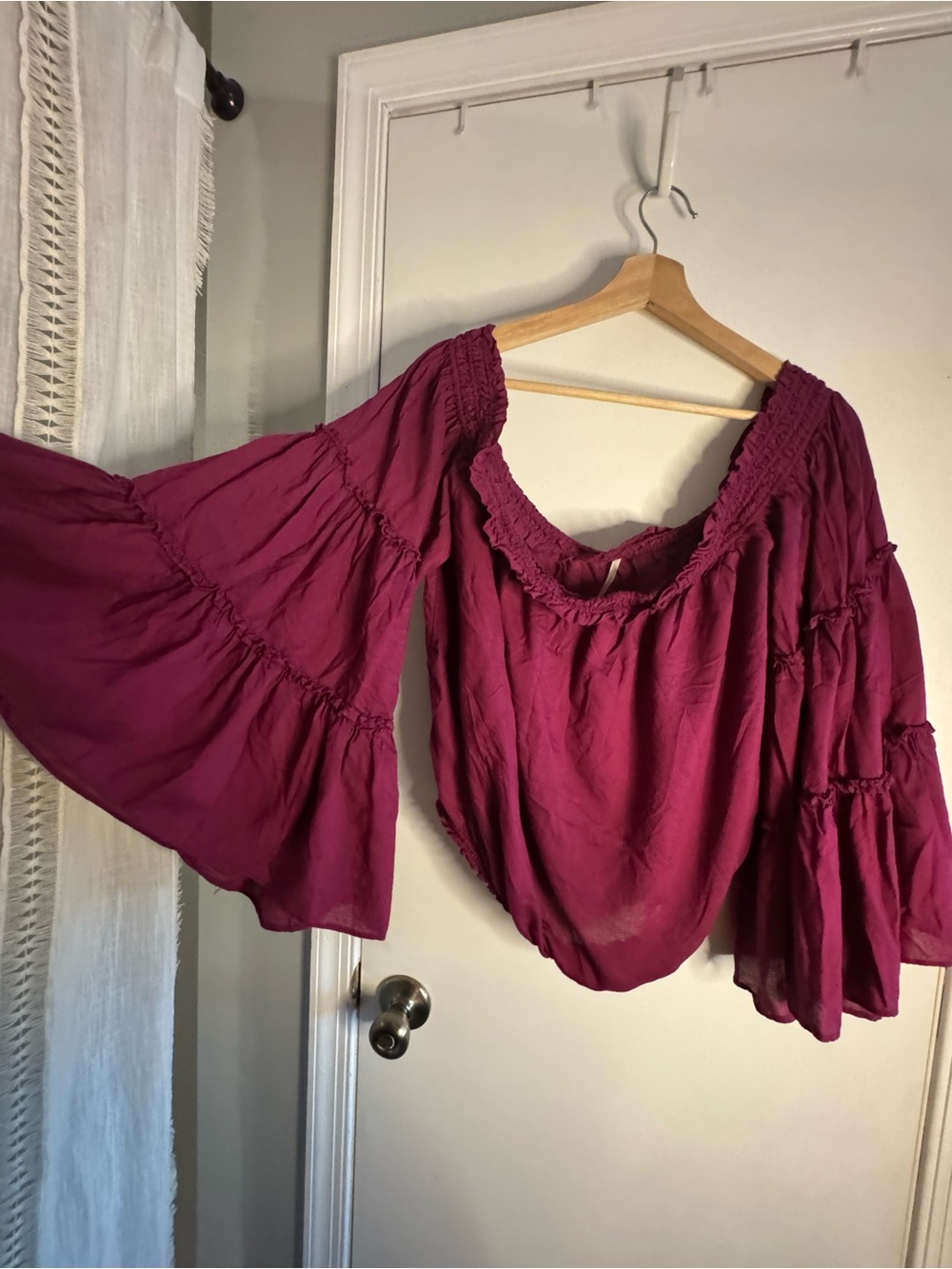 Free People Off-Shoulder Peplum Sleeve Women's Top in Deep Berry